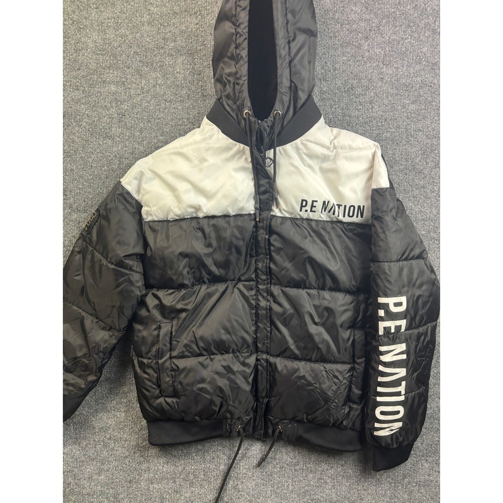 P.E Nation Puffer Jacket Womens Small Black White Hooded Logo Streetwear 004